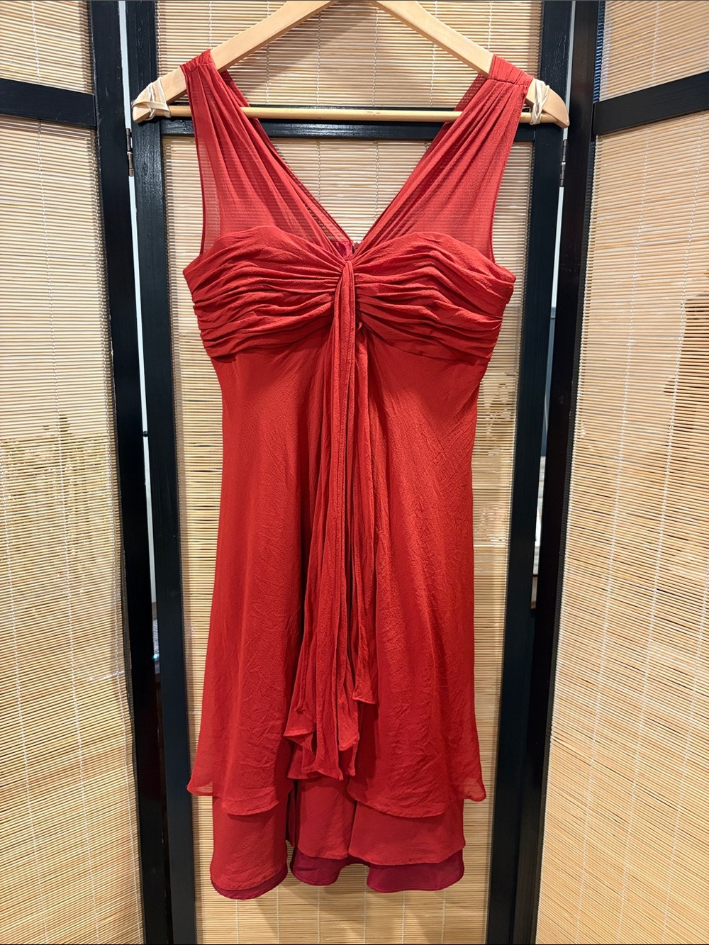Donna Ricco Red Draped V-Neck silk Cocktail Mini Dress